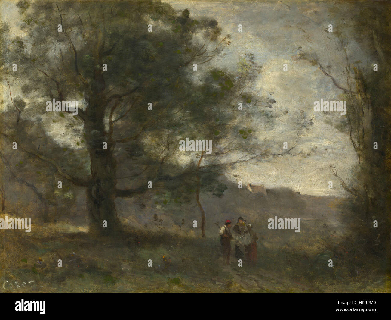 "La quercia nella valle" di Jean-Baptiste-Camille Corot è un dipinto paesaggistico che mette in evidenza l'uso di luce e ombra da parte di Corot, che riflette la sua maestria nella rappresentazione della natura. Questo pezzo mette in mostra la bellezza serena del mondo naturale. Foto Stock