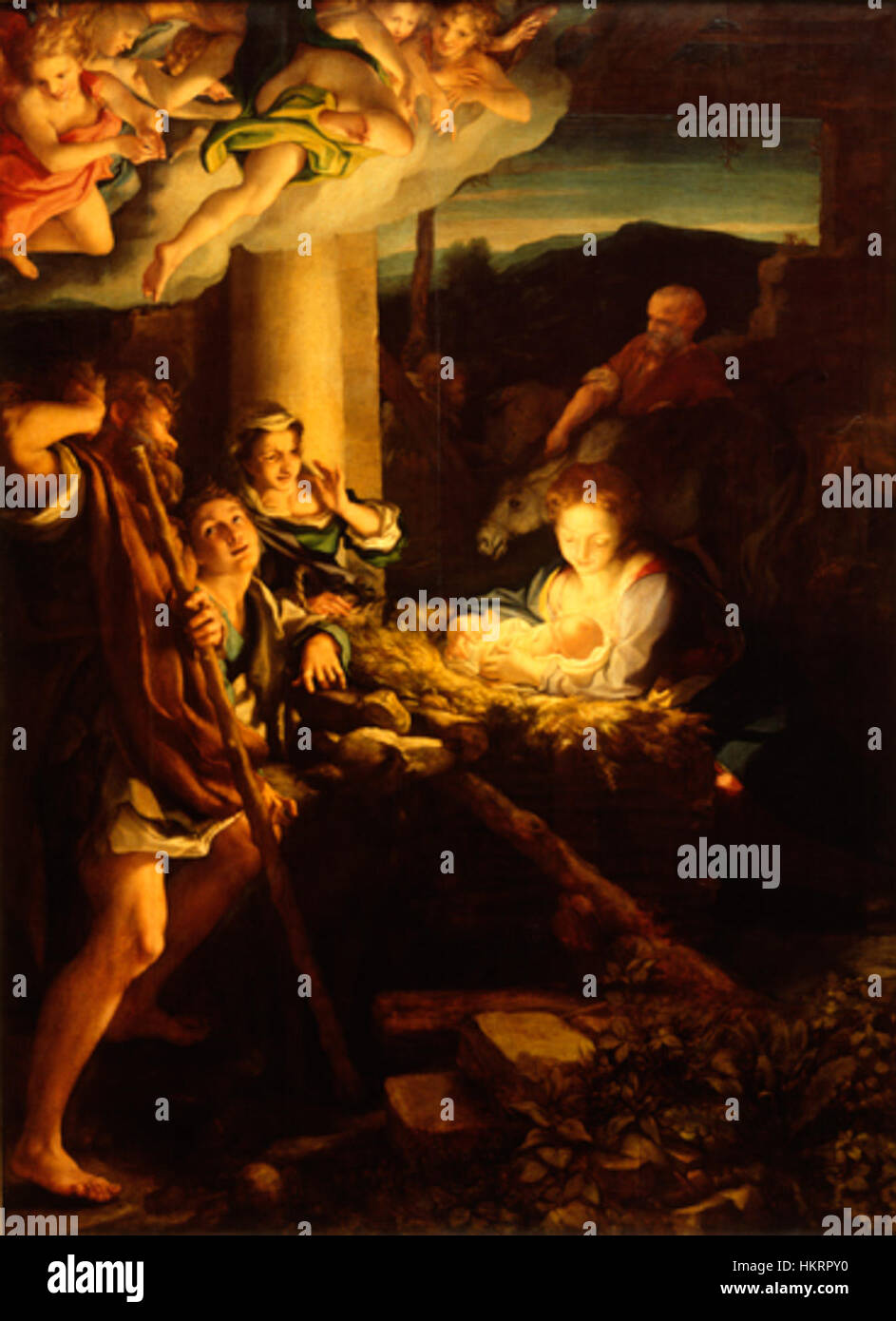Questo dipinto, 'la notte Santa' del Correggio, creato tra il 1522 e il 1530, raffigura il presepe con un'enfasi sulla luce e l'ombra. La maestria di Correggio nel rendere gli effetti luminosi è evidente in questo lavoro rinascimentale. Foto Stock