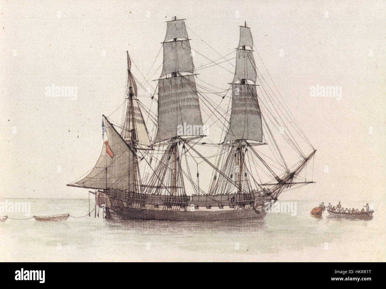 "Corvette-Antoine Roux-p39" è un dipinto marittimo creato da Antoine Roux, raffigurante una nave corvetta francese. Il pezzo mette in mostra il design e la struttura della nave, tipici delle navi francesi del XIX secolo, mettendo in risalto l'architettura navale e la storia marittima. Foto Stock
