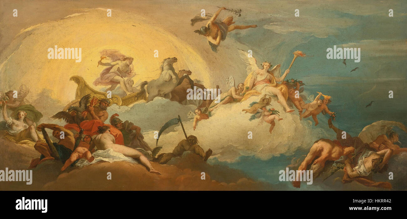 "Aurora con Apollo alla guida del carro del Sole" di Costantino Cedini raffigura il mito classico del viaggio di Apollo attraverso il cielo in un carro trainato da cavalli ardenti. Il dipinto rappresenta una miscela di temi mitologici e lo stile barocco, catturando movimenti dinamici e luci drammatiche. Foto Stock