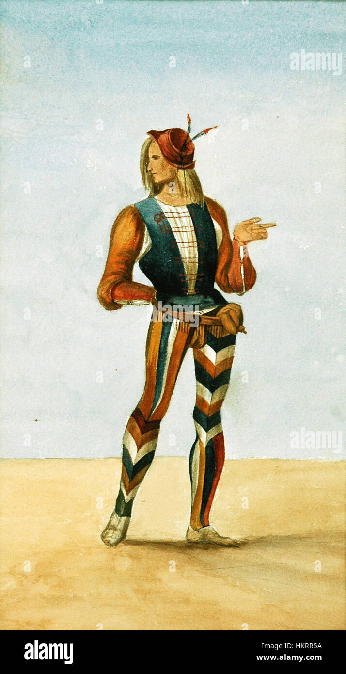 "Costume del XIII secolo (n. 2)" illustra l'abbigliamento tipico del XIII secolo, concentrandosi sul design dettagliato e sul significato culturale degli indumenti medievali. L'opera d'arte mette in evidenza gli aspetti sociali e funzionali dell'abbigliamento d'epoca. Foto Stock