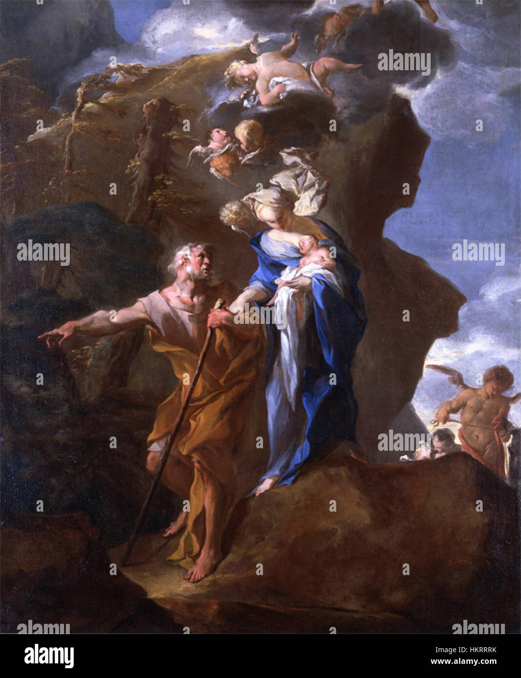 "Fuite en Egypte" di Cretey raffigura il volo biblico della Sacra famiglia in Egitto, un momento di rifugio e fuga dalla persecuzione. L'opera d'arte è una rappresentazione classica di temi religiosi in stile barocco. Foto Stock