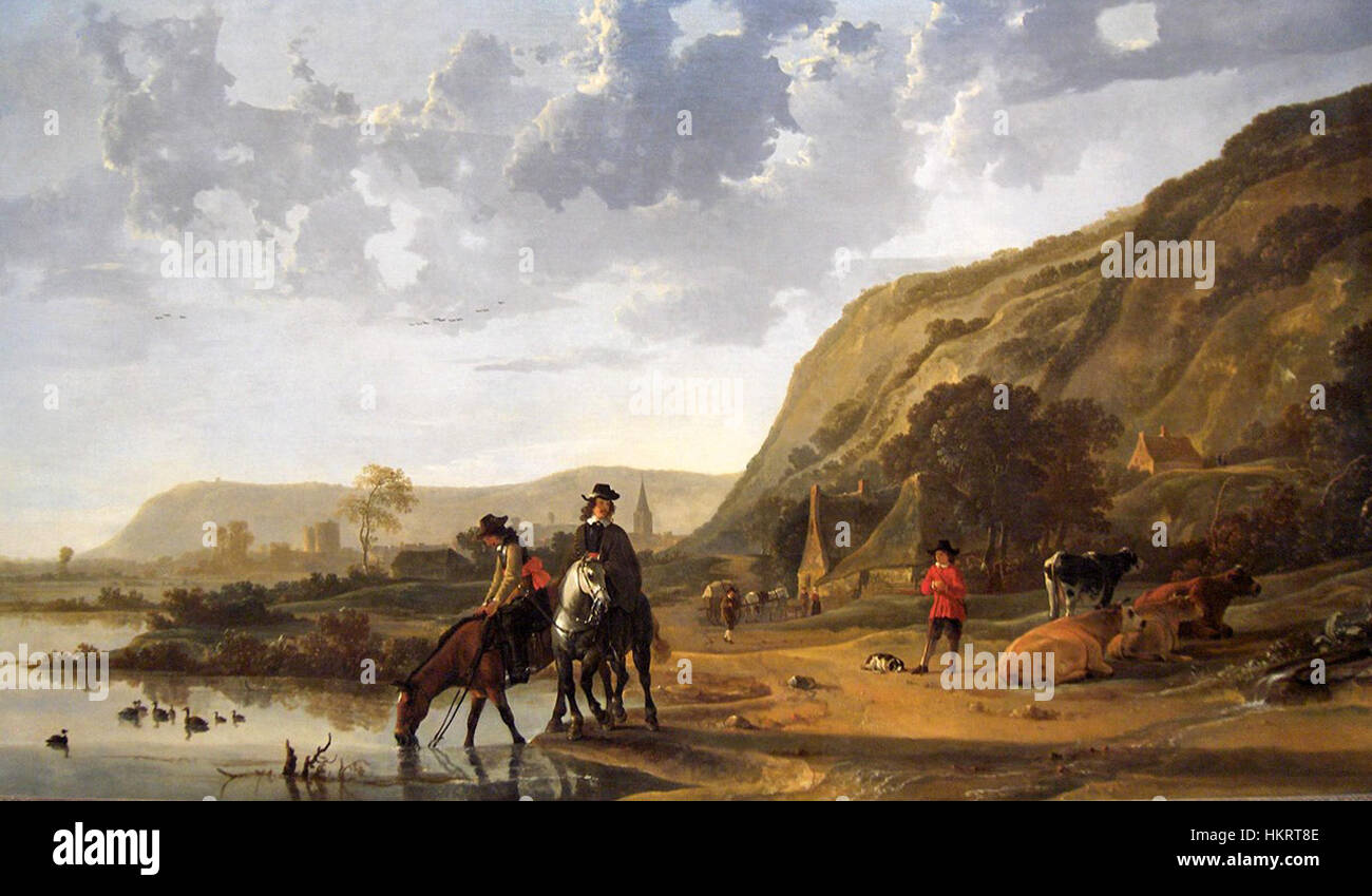 Questa opera d'arte di Aelbert Cuyp è un esempio rappresentativo della pittura olandese del secolo d'oro. Conosciuto per i suoi paesaggi sereni e per la sua attenzione alla luce, il lavoro di Cuyp cattura la bellezza tranquilla della vita rurale nei Paesi Bassi. Foto Stock Questa opera d'arte di Aelbert Cuyp è un esempio rappresentativo della pittura olandese del secolo d'oro. Conosciuto per i suoi paesaggi sereni e per la sua attenzione alla luce, il lavoro di Cuyp cattura la bellezza tranquilla della vita rurale nei Paesi Bassi. Foto Stock