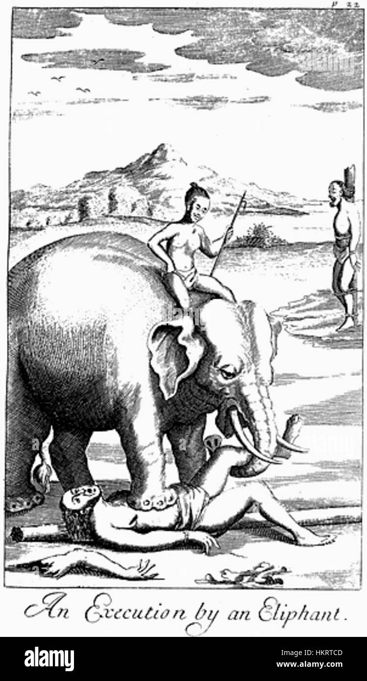 Un dipinto potente che raffigura il tragico evento di una persona schiacciata da un elefante. L'opera d'arte cattura l'intensità e la natura drammatica dell'incidente con colori vivaci e pennellate audaci. Foto Stock