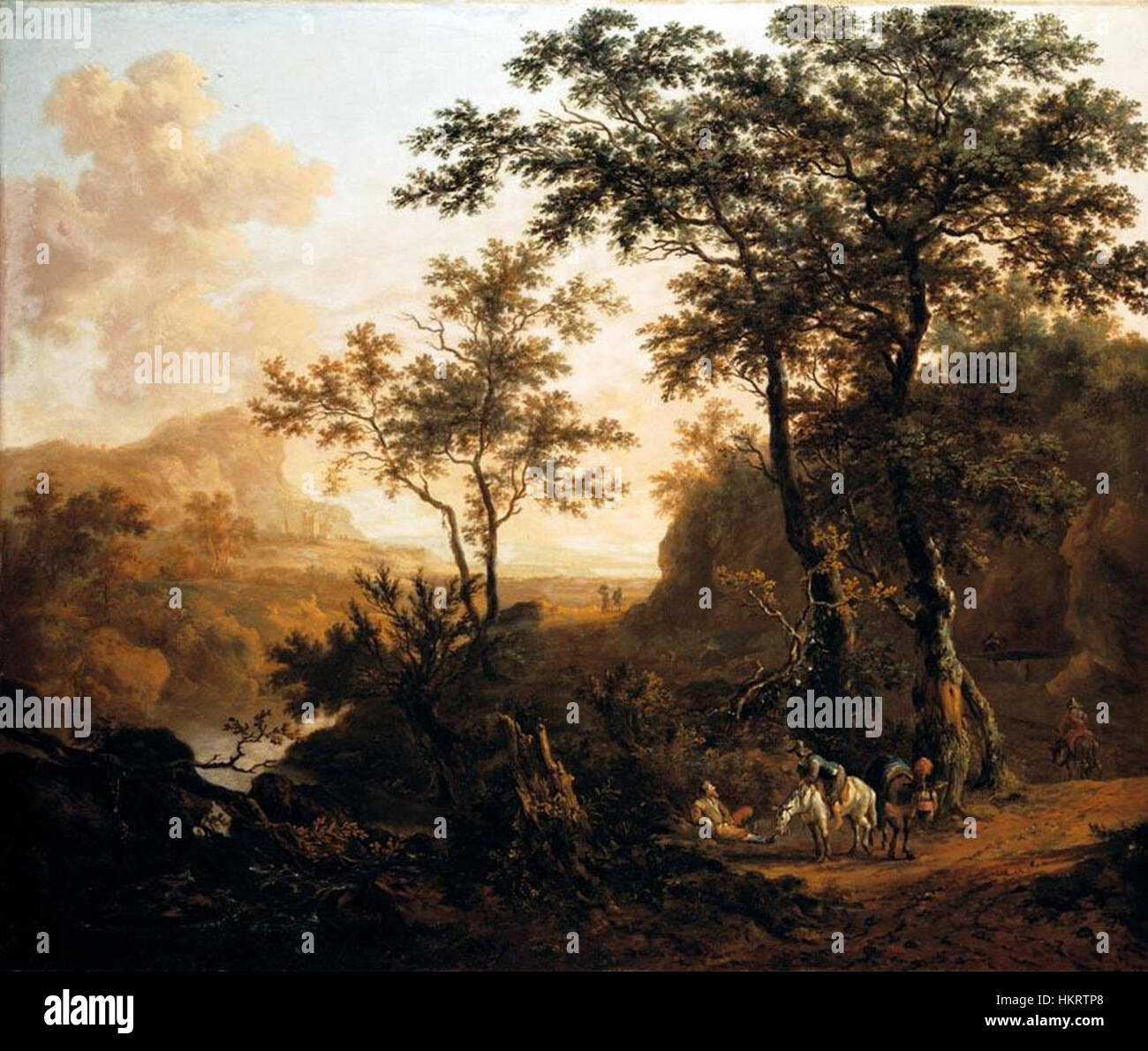 Un vasto paesaggio dipinto da D. Dalens II che raffigura un fiume che scorre attraverso una fitta area boscosa, catturando la bellezza naturale e la serenità della scena in pittura ad olio. Foto Stock