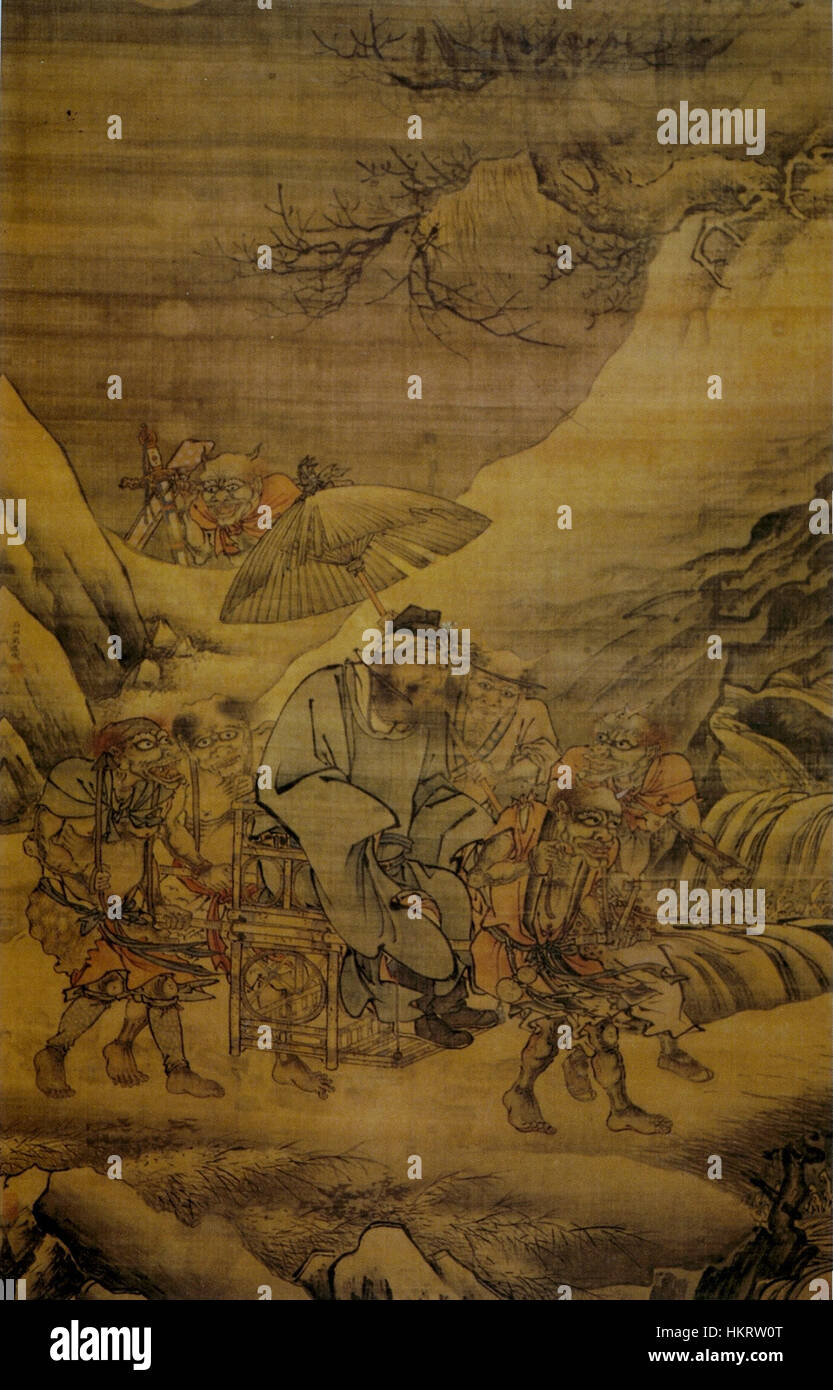 "L'escursione notturna di Zhong Kui" di dai Jin è un dipinto cinese che ritrae la figura leggendaria Zhong Kui, noto per il suo ruolo di demone queller. L'opera, conservata presso il Museo del Palazzo di Pechino, fonde la mitologia con la tecnica artistica dettagliata. Foto Stock