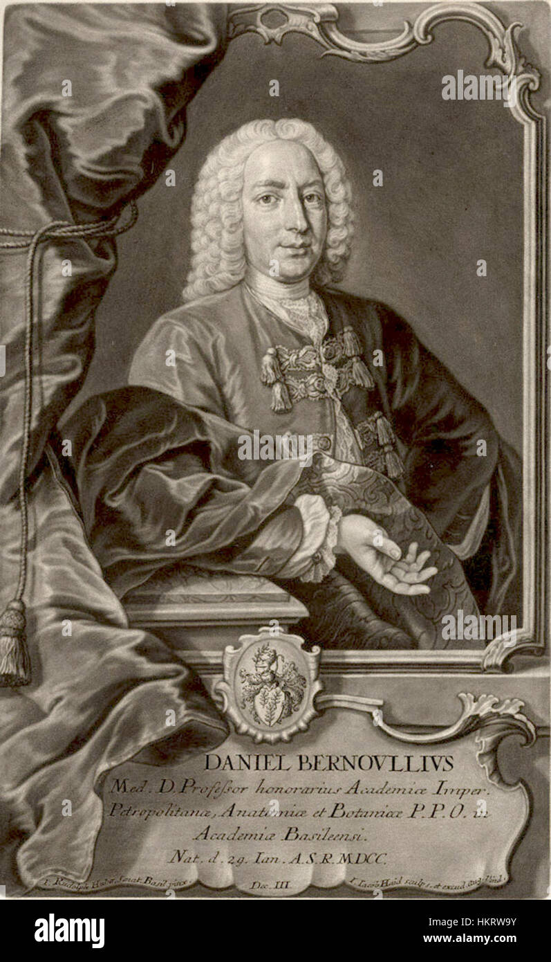 Questo ritratto di Daniel Bernoulli mette in evidenza il rinomato matematico e fisico, noto per il suo lavoro in fluidodinamica e il principio di Bernoulli. I suoi contributi alla scienza sono rappresentati attraverso uno stile pittorico classico. Foto Stock