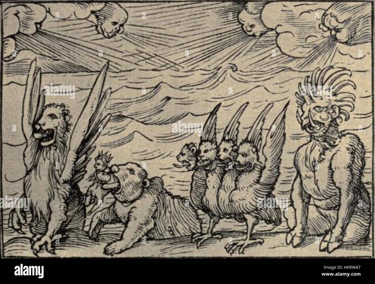 Questa opera rappresenta la visione biblica delle quattro bestie del Libro di Daniele. Le bestie simboleggiano imperi ed eventi storici, con un ricco simbolismo e immagini vivide. Il dipinto riflette i temi apocalittici della profezia e della rivelazione divina. Foto Stock