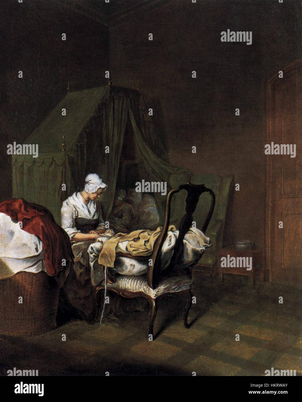 "The Lying-in Room" di Daniel Chodowiecki cattura il momento intimo del parto. Questo lavoro fornisce una visione storica della vita familiare europea del XVIII secolo, mostrando gli aspetti emotivi e fisici dell'esperienza. Foto Stock