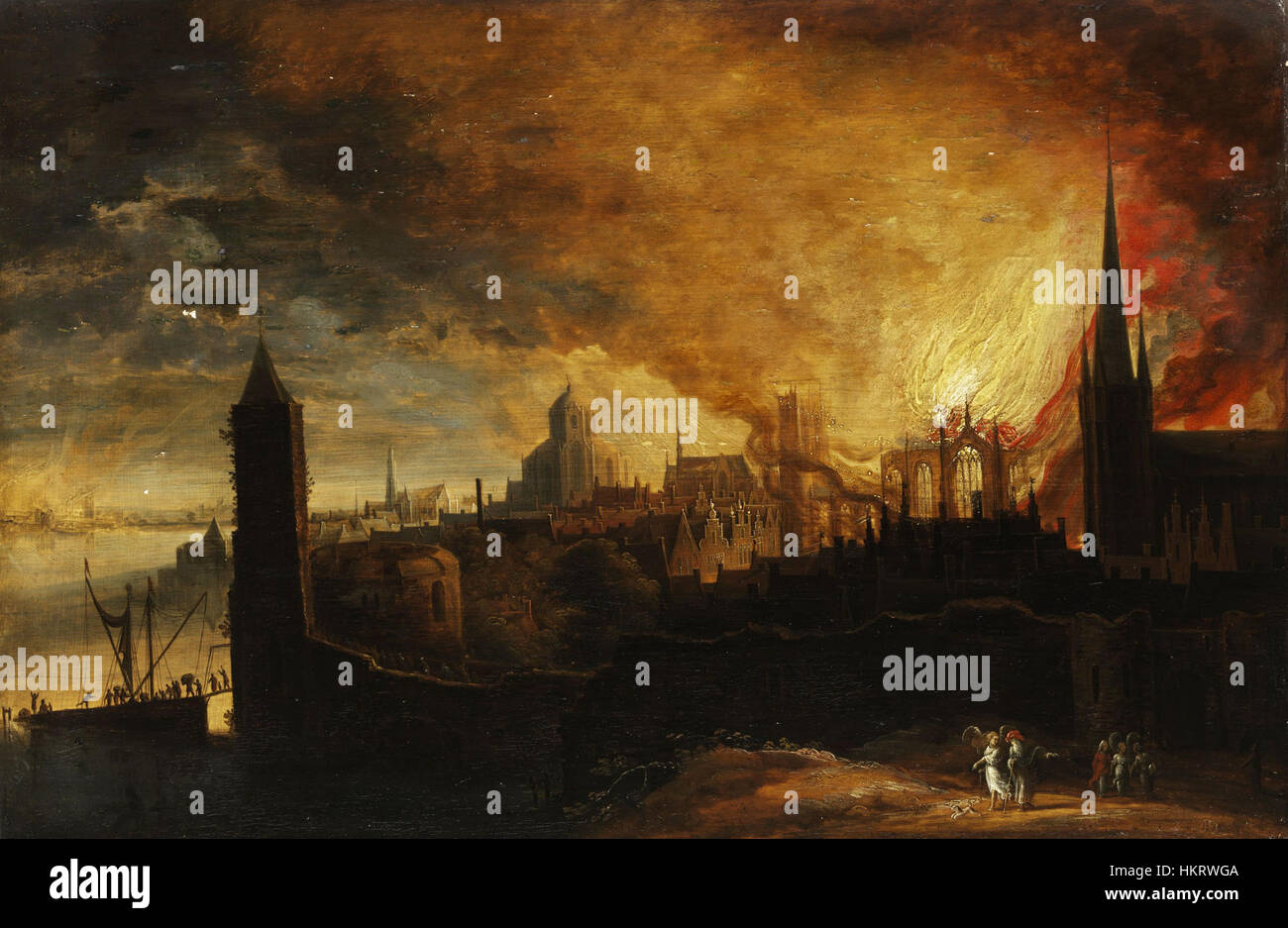 Questo dipinto, attribuito a Daniel van Heil, raffigura una città in fiamme, illustrando il caos e la distruzione della guerra urbana. La drammatica composizione cattura gli effetti devastanti del fuoco su una città durante un periodo di conflitto. Foto Stock
