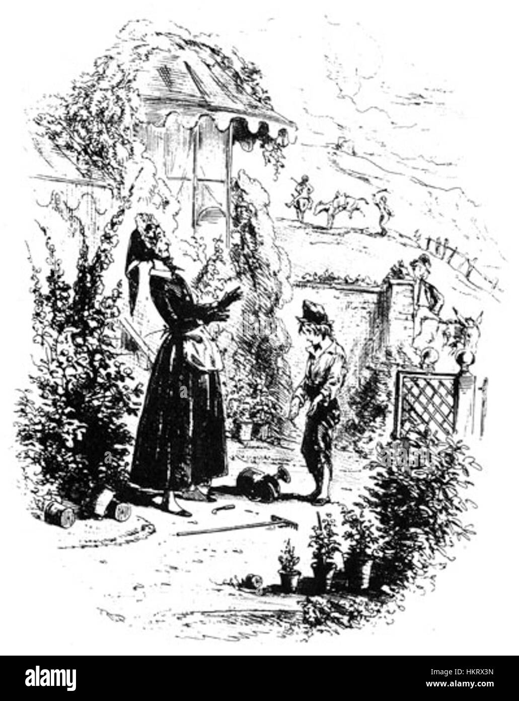 Questo dipinto ad olio cattura il momento di "David Copperfield" di Charles Dickens, dove il protagonista si fa conoscere a sua zia. La scena è piena di profondità emotiva e contesto storico, che mostra espressioni dei personaggi di epoca vittoriana. Foto Stock
