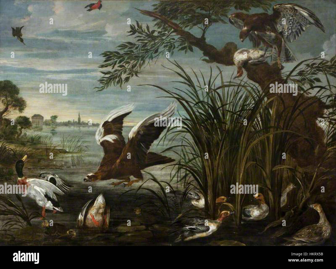 Il dipinto di David de Coninck cattura una scena drammatica sul fiume in cui anatre e oche sono sotto attacco da falchi. Questo lavoro mostra l'abilità dell'artista nel rappresentare la violenza e il movimento della natura. Foto Stock