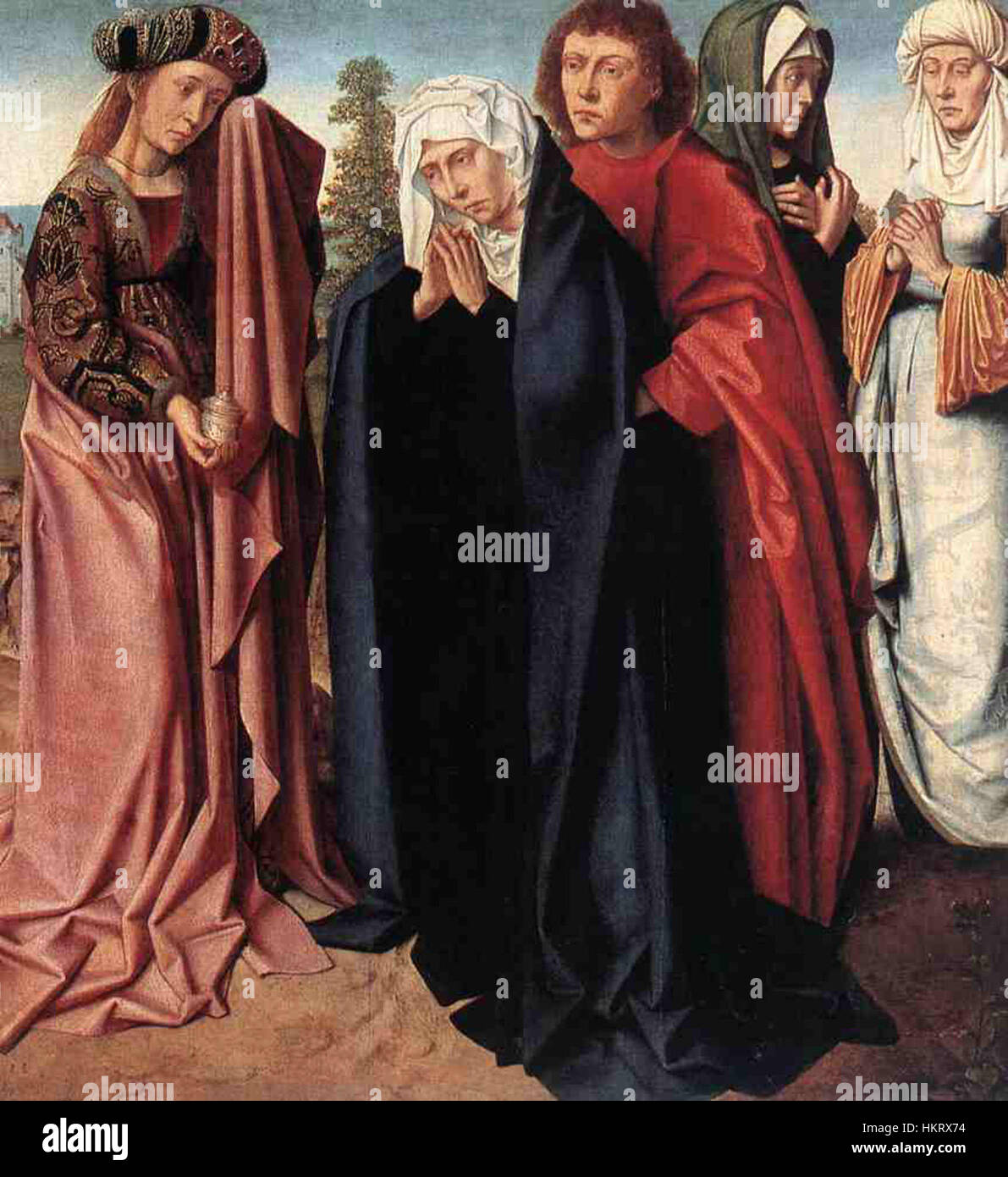 Questo dipinto di Davide raffigura le donne sante e San Giovanni a Golgota, mostrando la scena biblica della crocifissione di Cristo. Il pezzo cattura lo stato d'animo cupo del momento con un'intensa espressione emotiva. Foto Stock