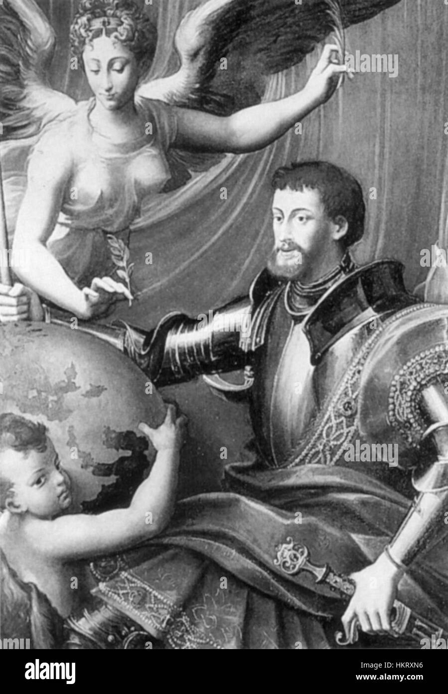 Il "Ritratto allegorico di Carlo V" di Parmigianino è un ritratto allegorico del Sacro Romano Imperatore Carlo V. il dipinto utilizza elementi simbolici per rappresentare il potere e il diritto divino dell'imperatore, caratteristica della ritrattistica rinascimentale. Foto Stock