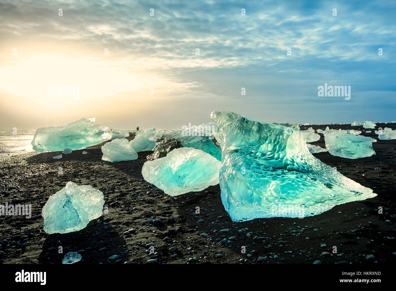 Jokulsarlon lago glaciale, Vatnajokull National Park nel sud-est dell'Islanda - iceberg sulla spiaggia di Diamante Foto Stock