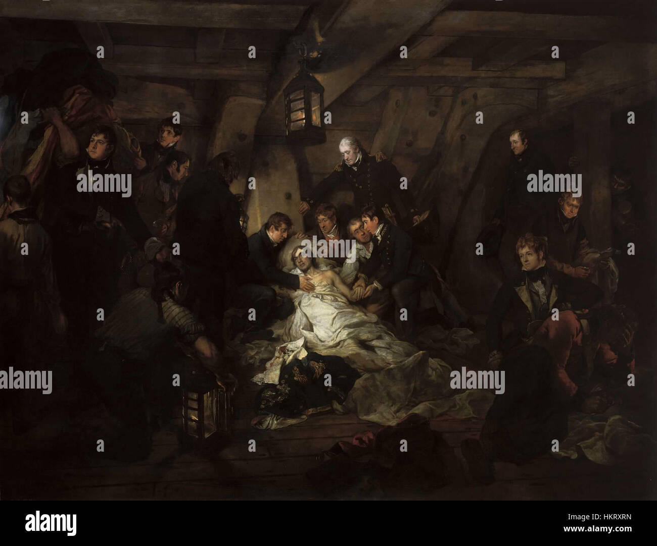 Questo dipinto raffigura il momento drammatico della morte dell'ammiraglio Horatio Nelson nella battaglia di Trafalgar nel 1805. L'opera d'arte cattura l'intensità e la gravità dell'evento, evidenziando l'eroica leadership di Nelson e la tragedia del suo sacrificio durante la battaglia. Foto Stock