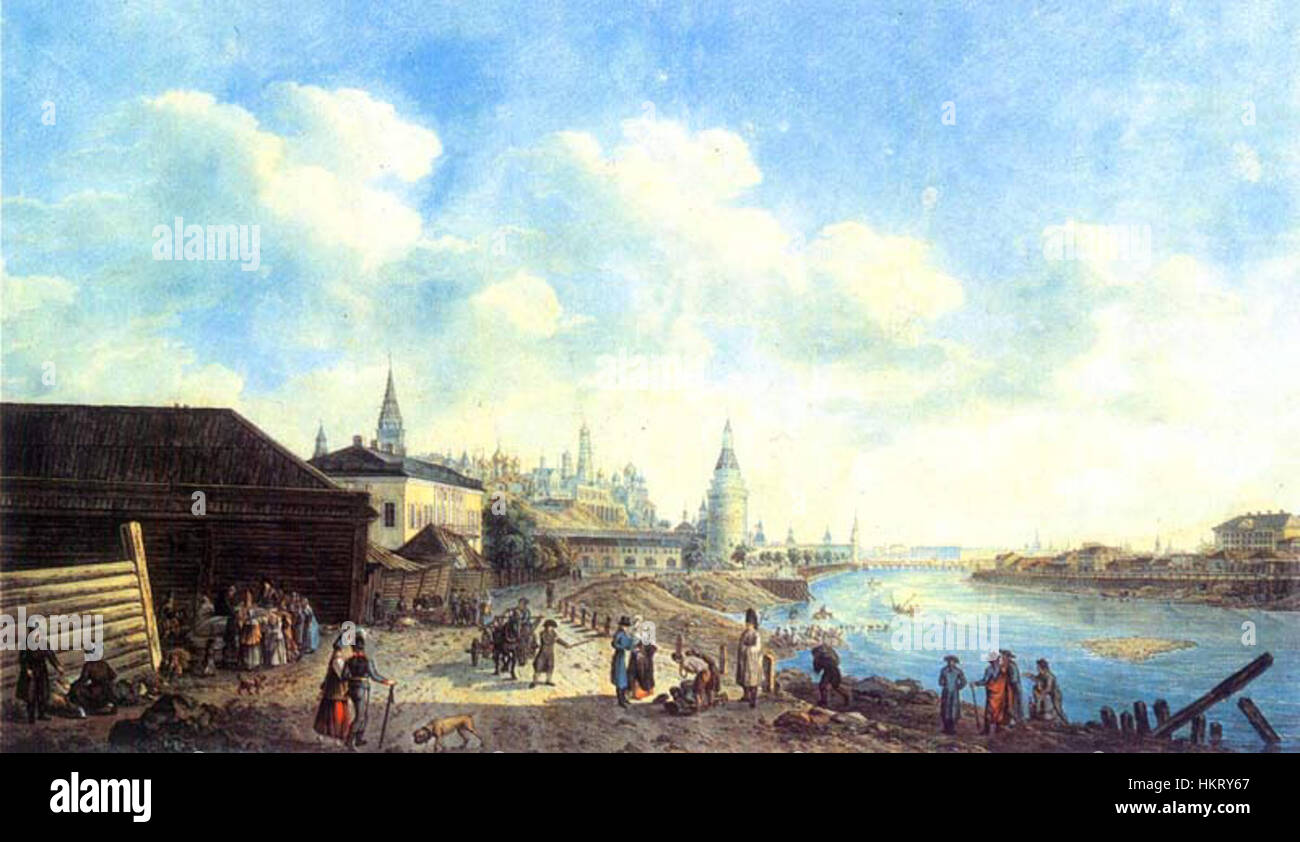 Questo dipinto, 'il Kamennogo mosta del Cremly di Delabart', raffigura una vista panoramica del Cremlino di Mosca con il famoso Ponte di pietra in primo piano. L'opera d'arte cattura la grandezza architettonica delle strutture iconiche della Russia. Foto Stock