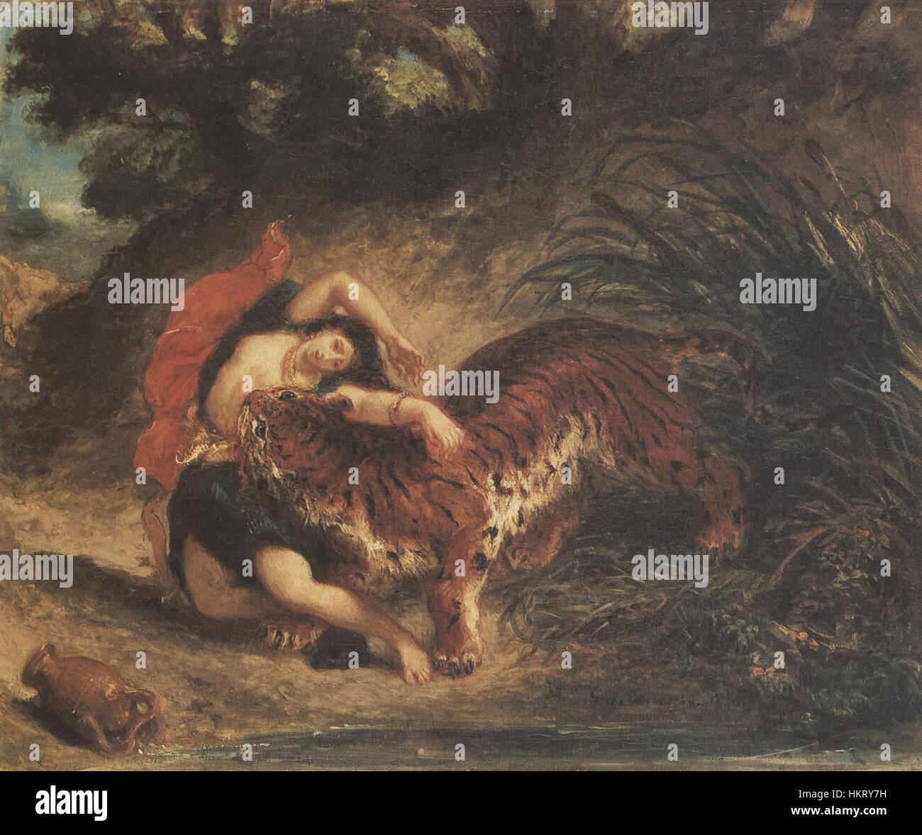 Il dipinto di Eugène Delacroix, intitolato «Inderin, von einem Tiger zerrissen», cattura il momento drammatico di una tigre che attacca una donna. La composizione dinamica e l'intensa emozione nell'opera riflettono la maestria di Delacroix nel ritrarre scene vivide e drammatiche. Foto Stock