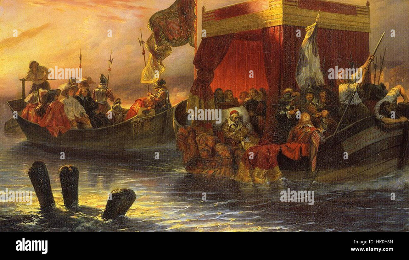 Questo dipinto di Paul Delaroche raffigura il Cardinale Richelieu, una figura chiave nella storia francese. L'opera d'arte è nota per la sua rappresentazione dettagliata e drammatica, che riflette la maestria di Delaroche nel catturare soggetti storici. Foto Stock