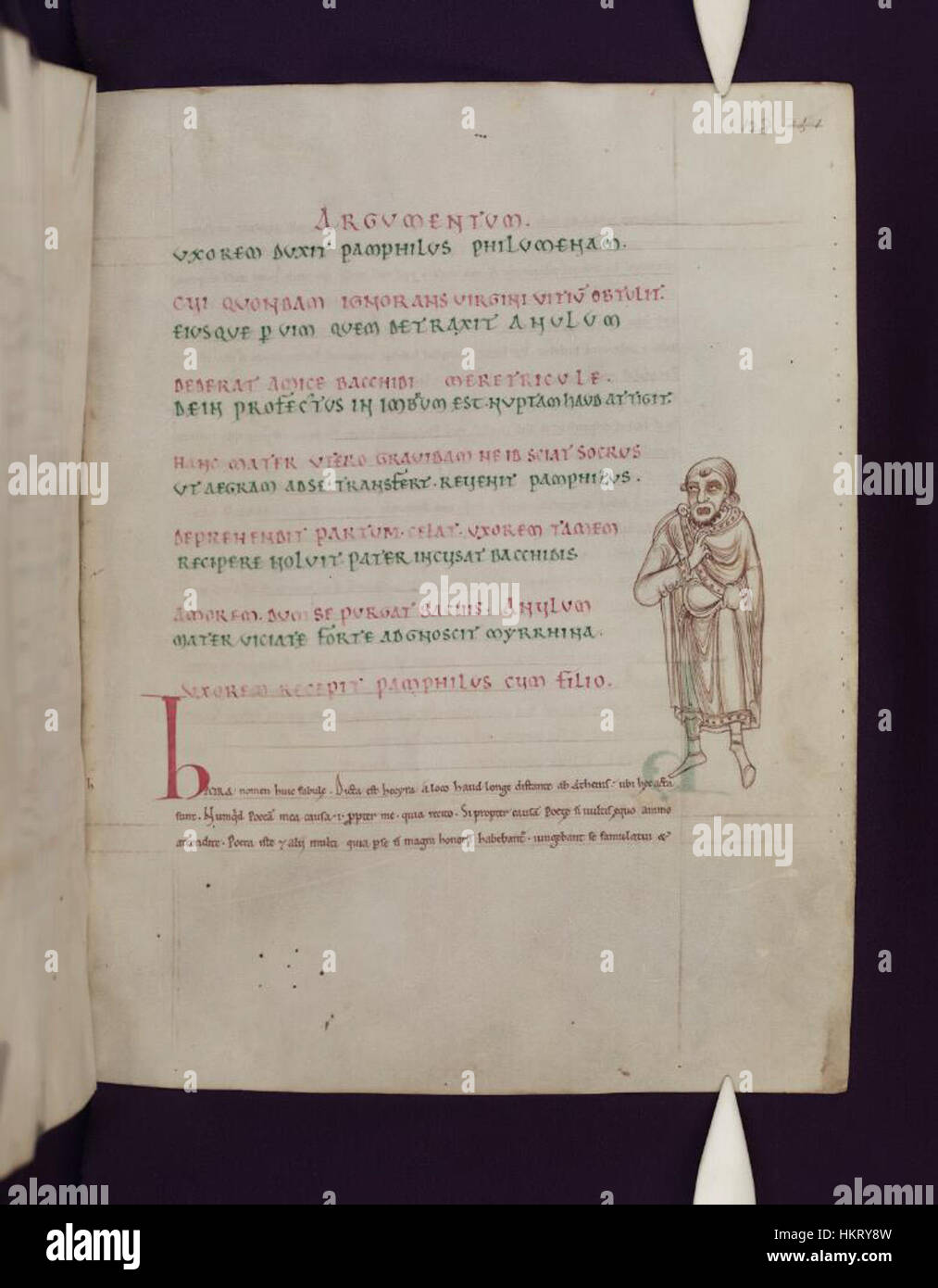 Una pagina del manoscritto "Comedies of Terence", ospitato nelle biblioteche Bodleiane, che presenta una scena dell'opera dell'antico drammaturgo romano, raffigurante temi comici classici. Foto Stock