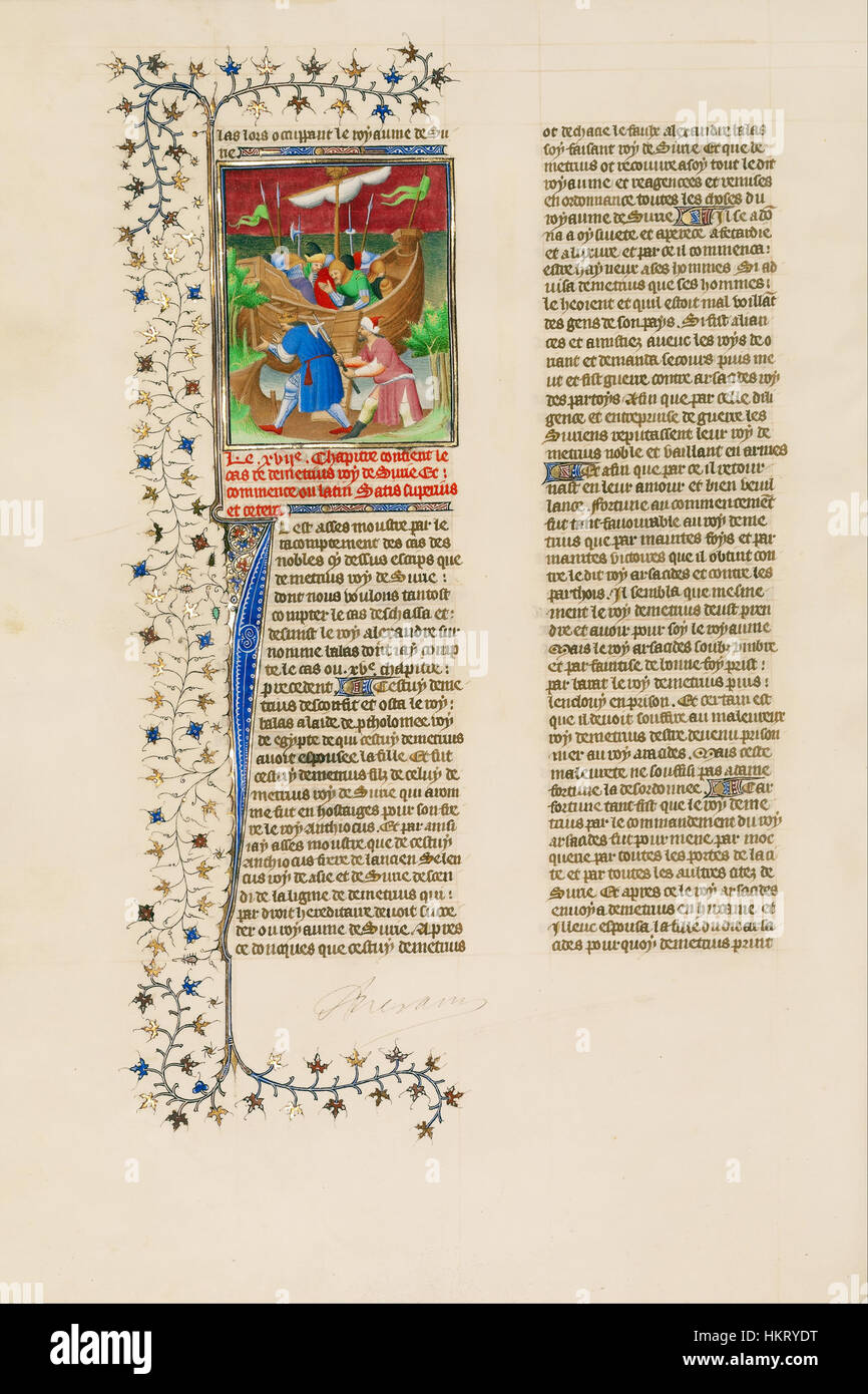 Questo dipinto raffigura la tragica morte di Demetrio Nicatore, re di Siria, durante il suo tentativo di sbarcare a Tiro. Un evento chiave nella storia antica, cattura il momento drammatico del suo assassinio, segnando un capitolo significativo nel tumulto politico dell'Impero seleucide all'inizio del II secolo a.C. Foto Stock