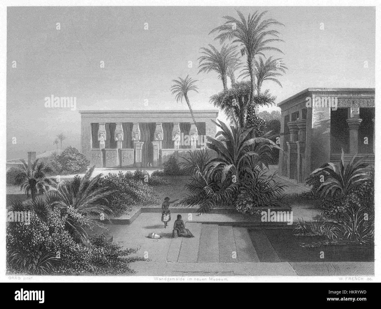 Questa opera d'arte è una riproduzione francese del Tempio di Hathor a Dendera, in Egitto, creato dall'artista Graeb. Cattura la grandezza e gli intricati elementi architettonici dell'antico tempio egizio dedicato alla dea Hathor. Foto Stock