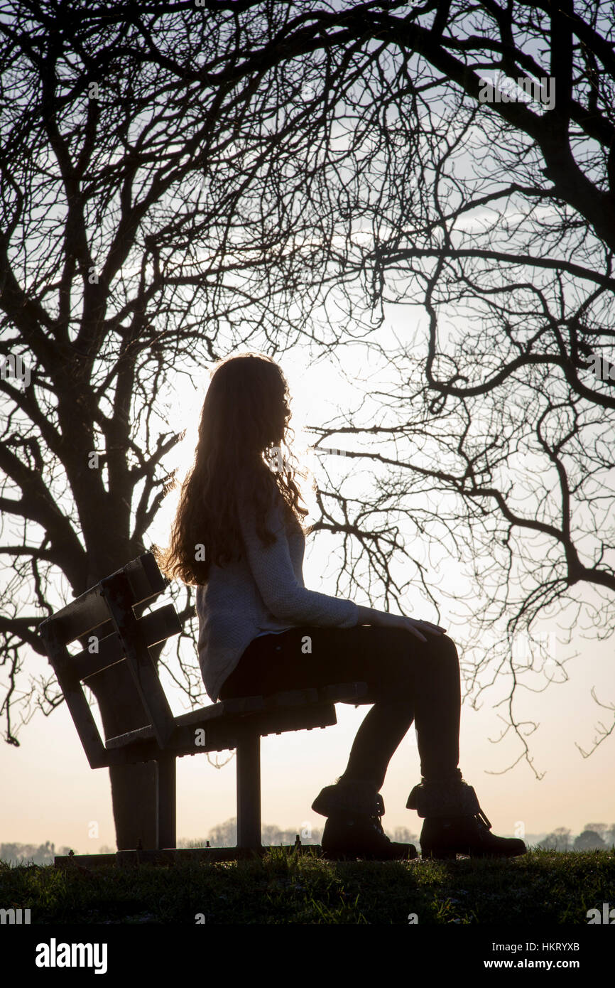 Malinconici donna con capelli lunghi, seduta su una panchina nel parco guardando in lontananza, all'aperto, silhouette. Foto Stock