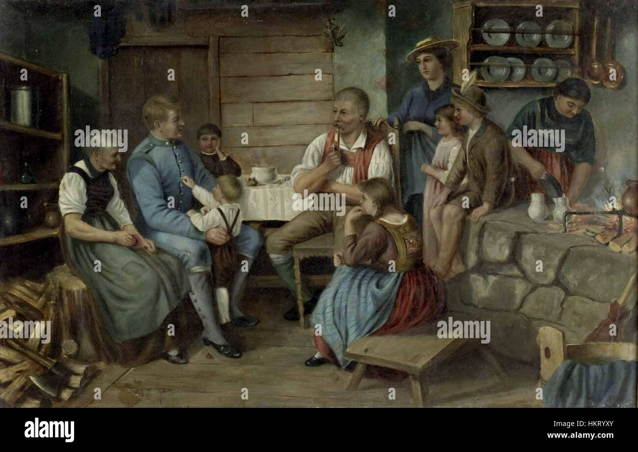 Questo dipinto del XIX secolo intitolato *Der Soldat auf Urlaub in der Bauernstube* (il soldato in congedo nella fattoria) raffigura un soldato che si gode un momento di pace in una fattoria rustica. L'opera mette in evidenza il contrasto tra la vita militare e la tranquillità rurale. Foto Stock