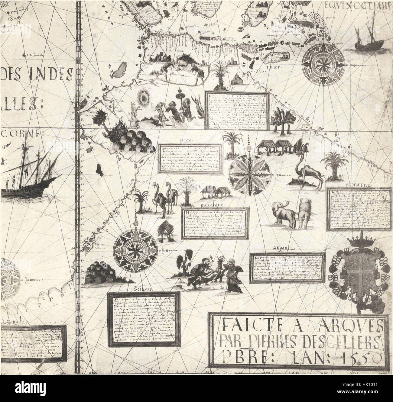 Questa mappa del 1550 di Desceliers mostra una visione dettagliata dell'Australia, fornendo informazioni sulla conoscenza europea del continente durante il XVI secolo. La mappa è un prezioso documento storico delle prime rappresentazioni cartografiche dell'Australia. Foto Stock