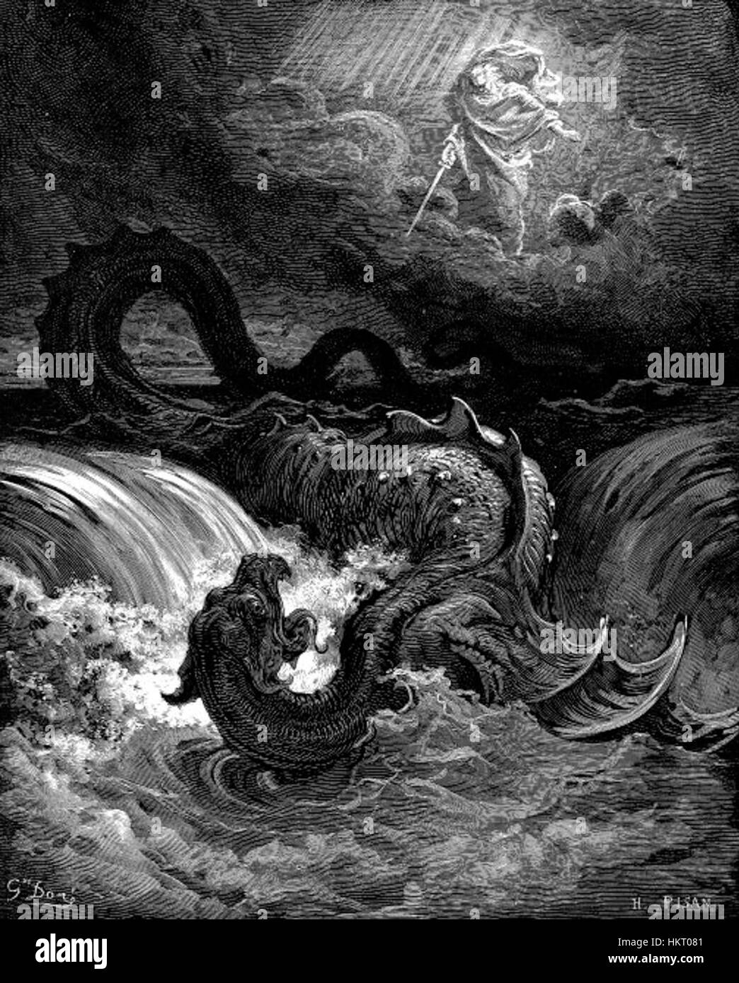 "Distruzione del Leviatano" è un dipinto drammatico che illustra la battaglia biblica contro la mitica creatura marina Leviathan. L'opera enfatizza il conflitto e la scena caotica del testo antico. Foto Stock