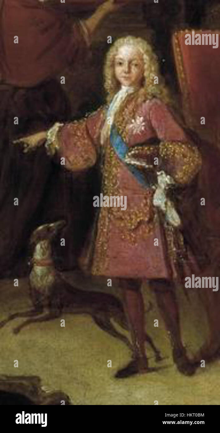 Questo ritratto del 1723 di Jean Ranc raffigura la famiglia di Filippo V di Spagna, offrendo una dettagliata rappresentazione dei reali spagnoli del XVIII secolo. Foto Stock