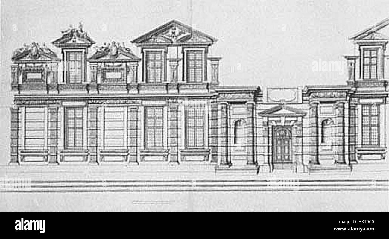 Una dettagliata rappresentazione artistica dell'elevazione del lato cortile dell'ala de l'orme presso il Palazzo delle Tuileries, che mette in risalto l'eleganza architettonica e il design storico di questo monumento francese. Foto Stock Una dettagliata rappresentazione artistica dell'elevazione del lato cortile dell'ala de l'orme presso il Palazzo delle Tuileries, che mette in risalto l'eleganza architettonica e il design storico di questo monumento francese. Foto Stock
