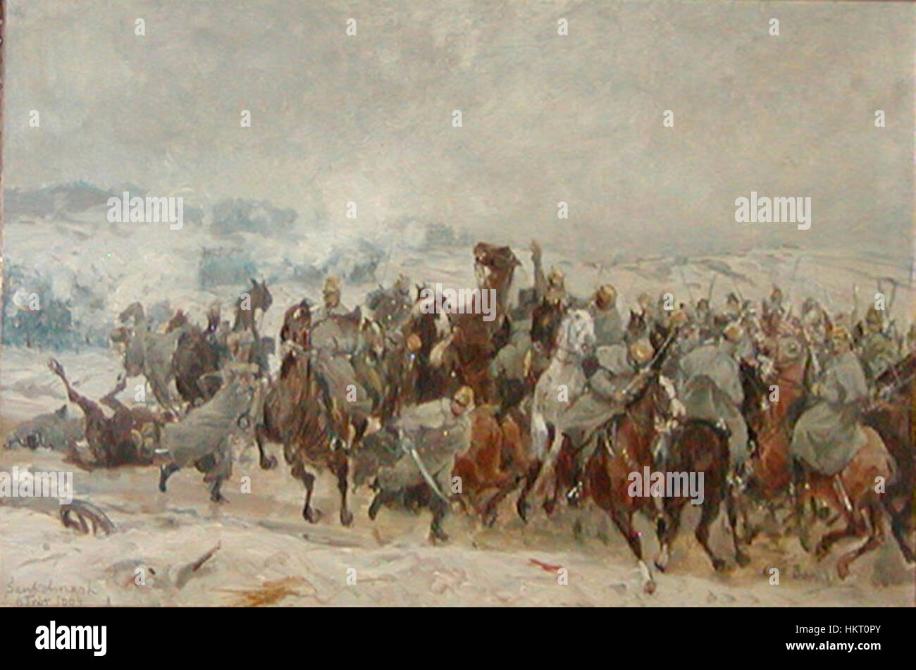Questa opera d'arte, "l'attacco degli ussari del Liechtenstein", raffigura un impegno militare degli ussari del Liechtenstein, che mostra la carica della cavalleria in battaglia. Il dipinto fornisce un'idea storica della guerra europea del XVIII secolo. Foto Stock