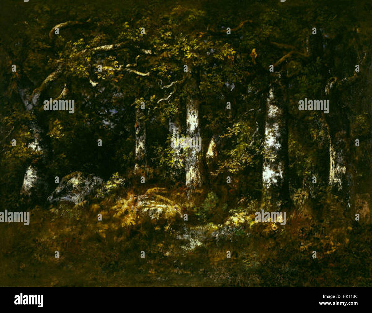 "Forêt de Fontainebleau" di Diaz de la Peña, un dipinto ad olio che raffigura il tranquillo paesaggio della foresta di Fontainebleau, in Francia. L'opera riflette la maestria dell'artista nella luce naturale e la sua attenzione per l'ambiente. Foto Stock