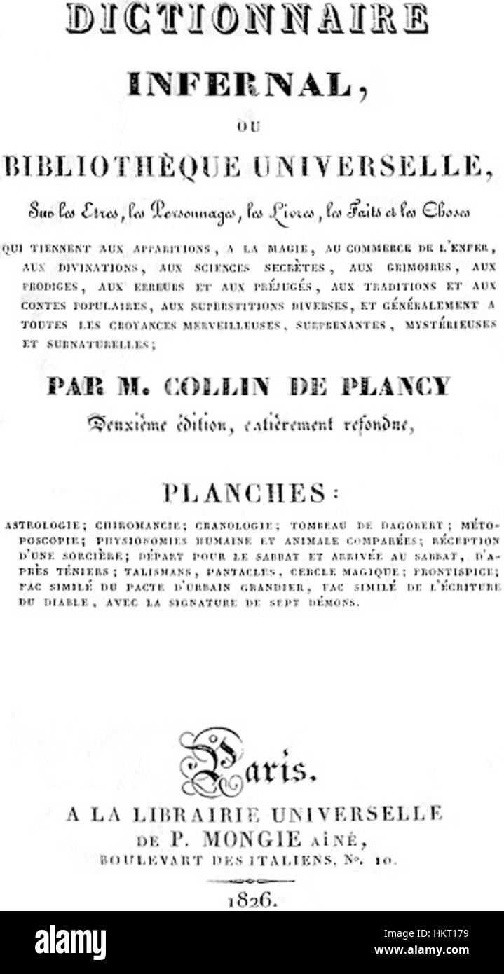 Il Dictionnaire Infernal è un libro di riferimento del XIX secolo che descrive la demonologia e l'occulto. Fornisce descrizioni e illustrazioni di varie entità mitologiche e soprannaturali, riflettendo il fascino del periodo per la conoscenza esoterica. Foto Stock