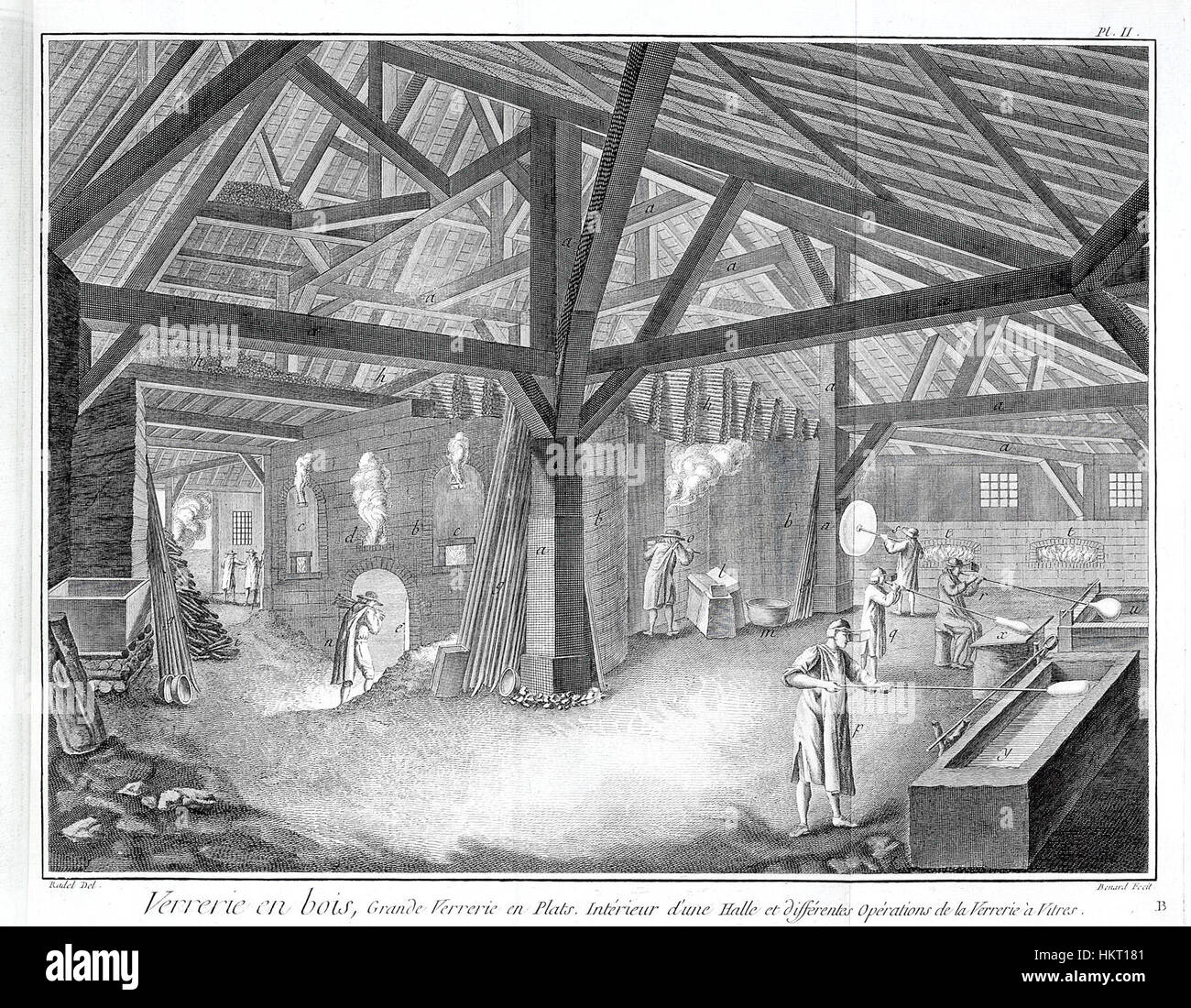 L'illustrazione della Diderot Encyclopedia intitolata "Making Crown Glass" offre una vista dettagliata del processo di fabbricazione del vetro, mostrando le tecniche del XVIII secolo. Questa opera fa parte di una collezione che documenta vari mestieri e artigianato nell'Europa storica. Foto Stock