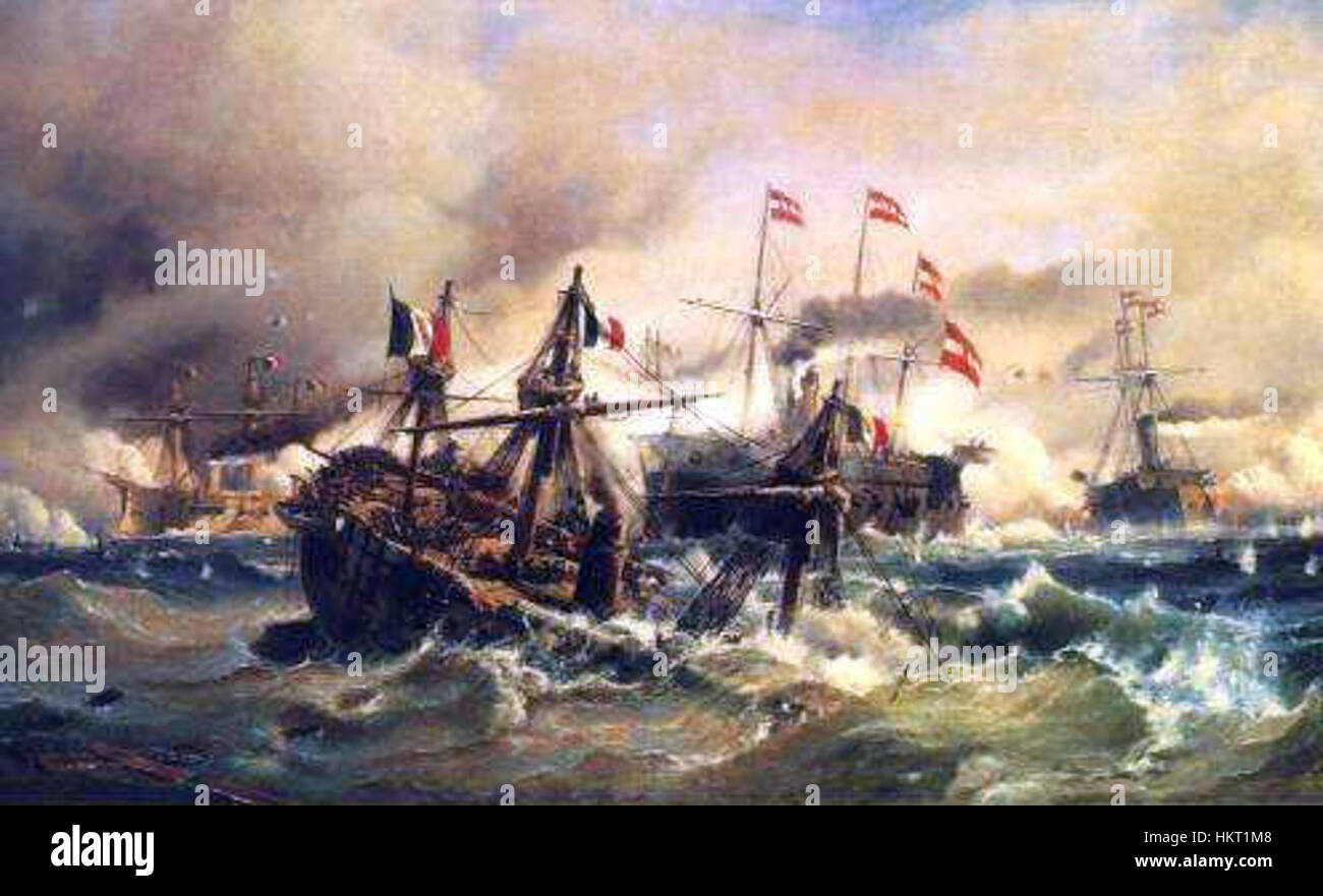 Un dipinto raffigurante la battaglia navale di Lissa, un evento significativo durante la seconda guerra d'indipendenza italiana nel 1866. La battaglia, combattuta tra l'Impero austriaco e il Regno d'Italia, è un momento chiave nella storia navale europea. Foto Stock