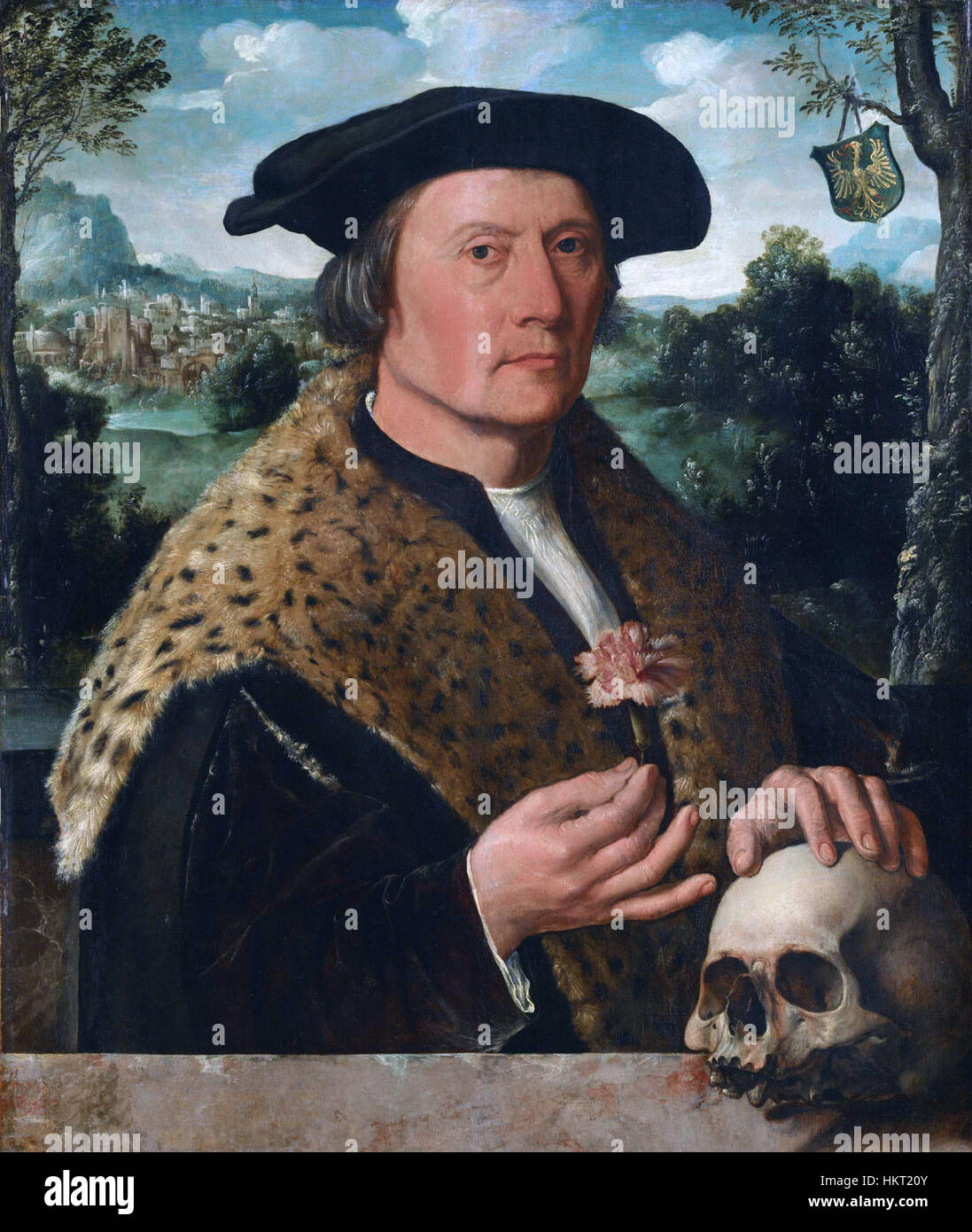 "Pompeo Occo" di Dirck Jacobsz è un ritratto rinascimentale dell'umanista Pompeo Occo. Cattura il soggetto con un comportamento intellettuale realistico, tipico dello stile rinascimentale del Nord. Foto Stock