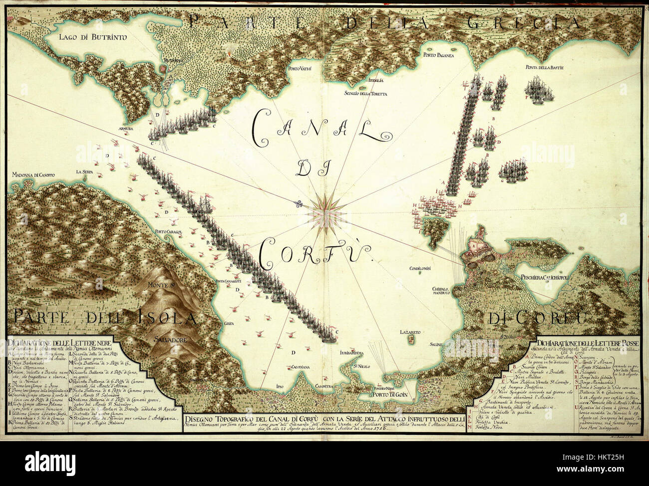"Disegno topografico del Canal di Corfù" è un disegno topografico del 1716, raffigurante il Canale di Corfù e il fallito attacco ottomano. L'opera illustra il layout geografico e l'impegno militare dell'epoca. Foto Stock