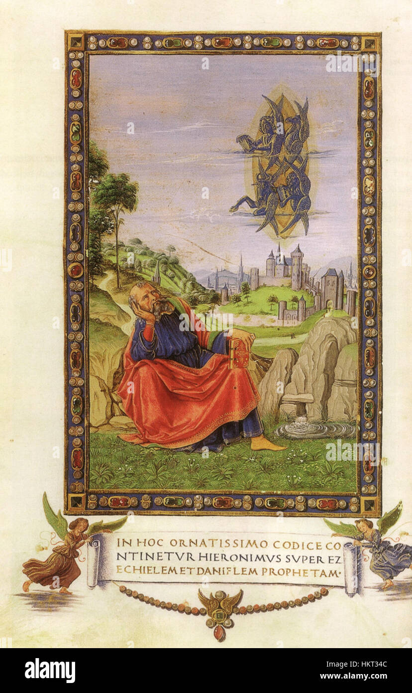 Questo manoscritto di Domenico Ghirlandaio e laboratorio illustra la visione di Ezechiele, tratta dal testo biblico del profeta. Si tratta di un notevole esempio di arte religiosa rinascimentale, incentrata su temi profetici. Foto Stock
