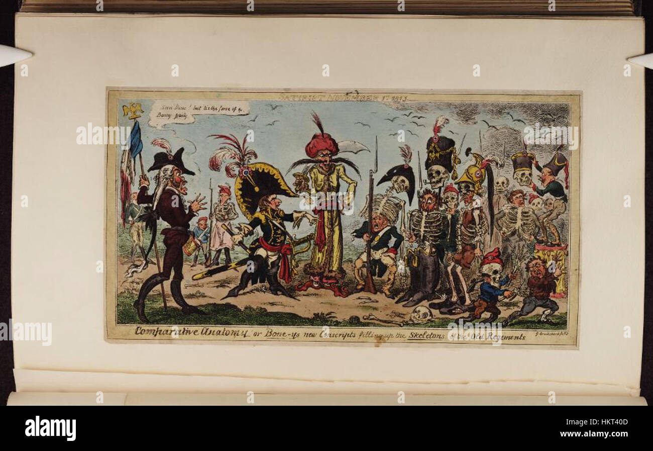 Un'opera d'arte intitolata "comparative Anatomy" di Boney, che mostra nuovi coscritti che riempiono gli scheletri di vecchi reggimenti. Questo pezzo riflette l'intersezione tra scienza e storia, illustrando lo sviluppo e i cambiamenti nei reggimenti militari e la loro struttura nel tempo. Foto Stock
