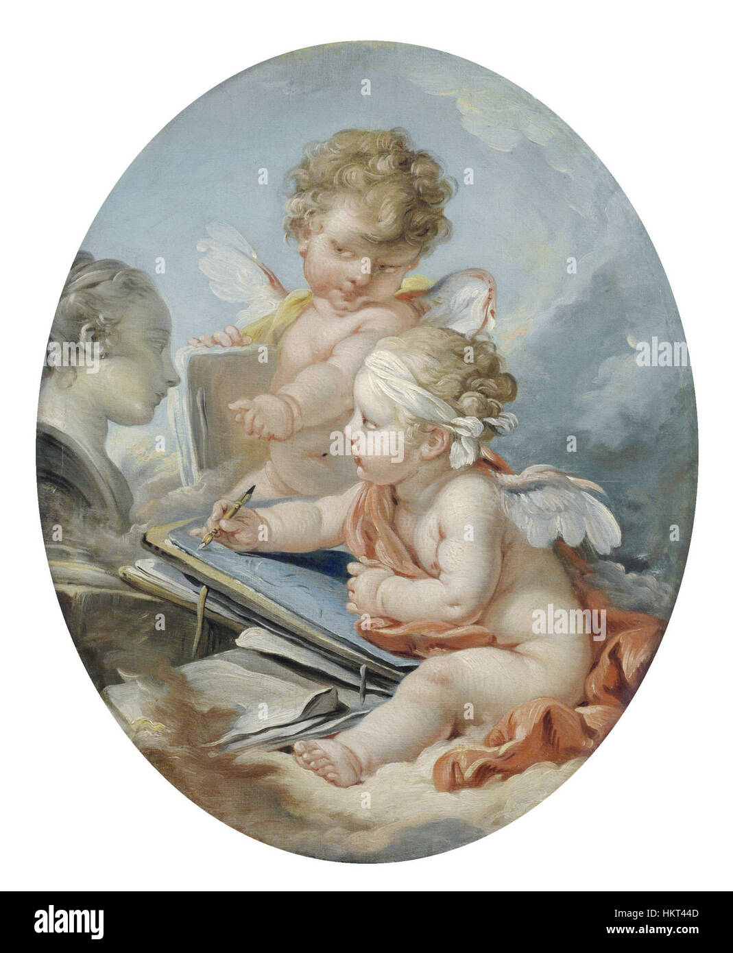 Questo disegno del XVII secolo di Francesco Boucher mostra le caratteristiche linee fluide e le delicate composizioni dell'artista. Il pezzo riflette lo stile rococò, noto per le sue caratteristiche ornamentali e l'estetica leggera e ariosa. Foto Stock