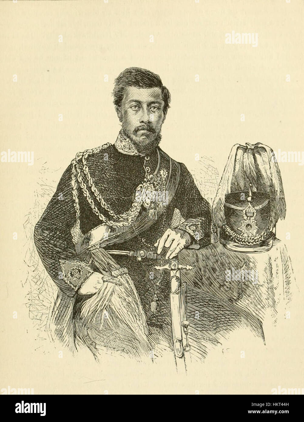 Un disegno storico di Lunalilo, re delle Hawaii, che cattura la sua somiglianza e l'abbigliamento reale. L'immagine rappresenta l'eredità reale hawaiana durante il XIX secolo. Foto Stock