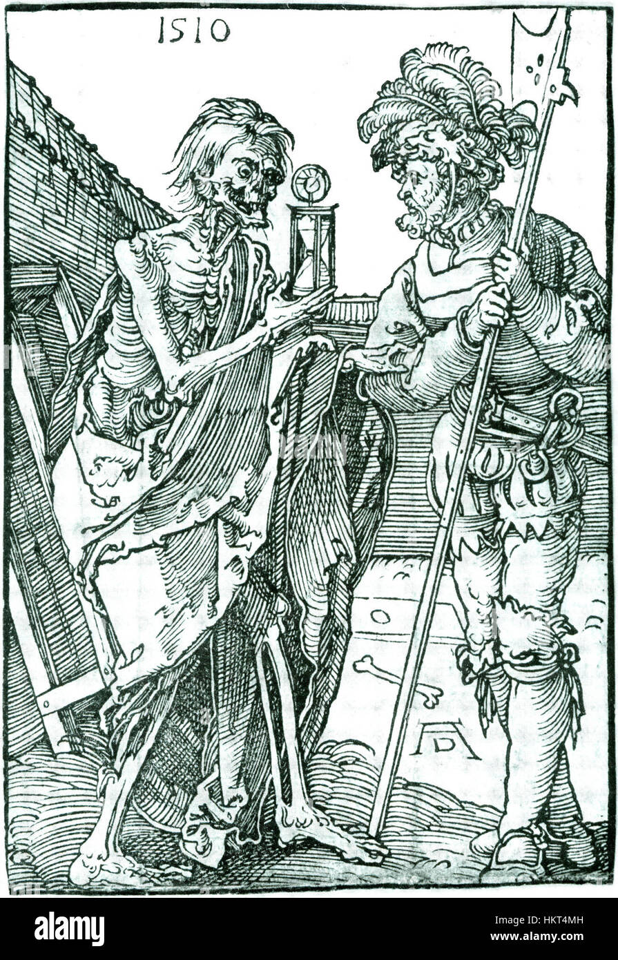 Il "Tod und Landsknecht" di Albrecht Dürer (morte e Landsknecht) è una potente incisione su legno che raffigura il destino di un soldato nel contesto della guerra. L'opera d'arte è conosciuta per la sua profondità emotiva e le sapienti tecniche di taglio del legno. Foto Stock