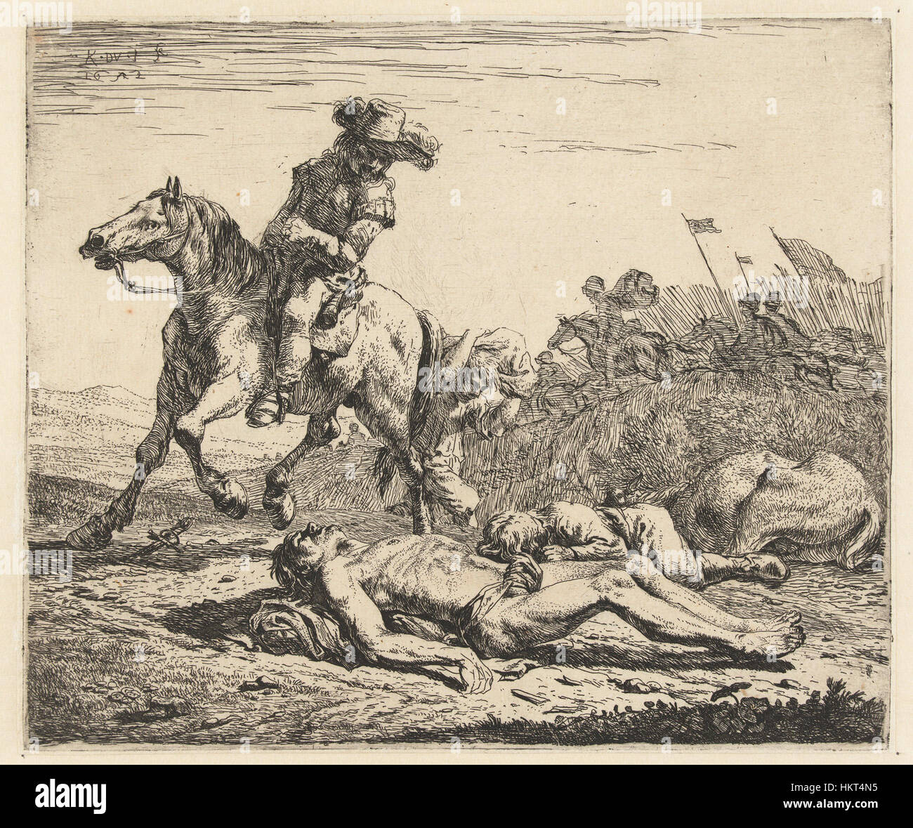 "Reiter und toter Mann-2" di DUJARDIN è un dipinto che raffigura un cavaliere e un uomo morto, forse riferendosi a una scena storica o allegorica. L'opera riflette una narrazione drammatica, eseguita con un occhio attento ai dettagli e alle emozioni in un contesto storico. Foto Stock