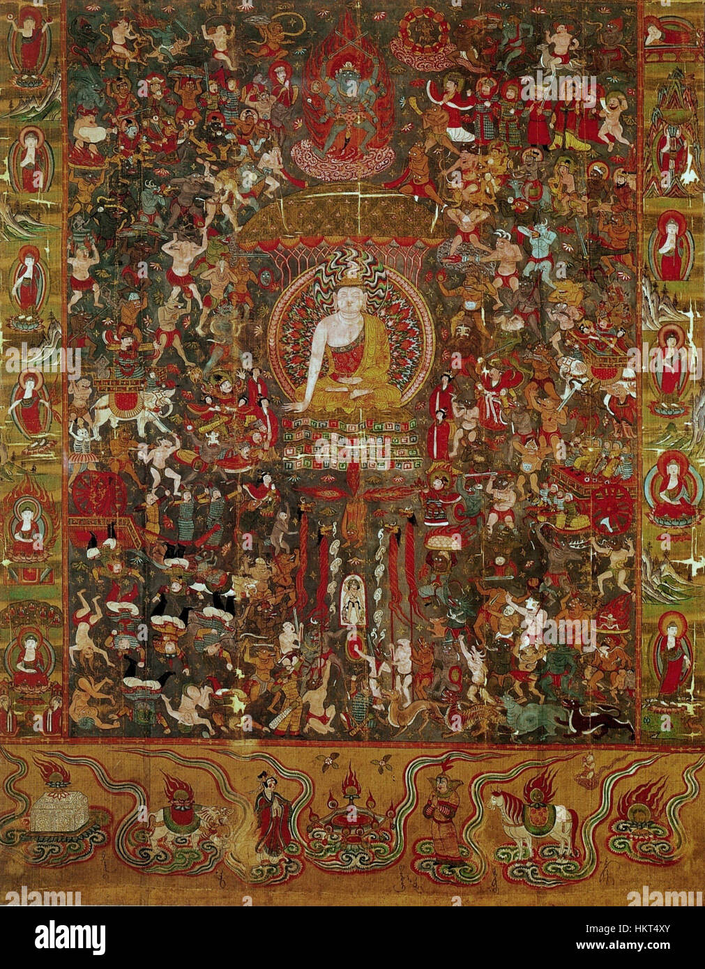 Questa antica opera d'arte buddista, conosciuta come il Buddha di Mara, è una rappresentazione delle grotte di Dunhuang in Cina. Interpreta Mara, una figura demoniaca, in opposizione al Buddha, che simboleggia la lotta tra illuminazione e tentazione. Foto Stock