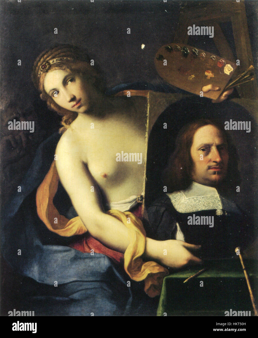 Un dipinto allegorico di Giovanni Domenico Cerrini, raffigurante il concetto stesso di pittura. L'opera è caratterizzata dai suoi colori vivaci ed elementi simbolici che rappresentano l'arte della pittura durante il periodo barocco. Foto Stock