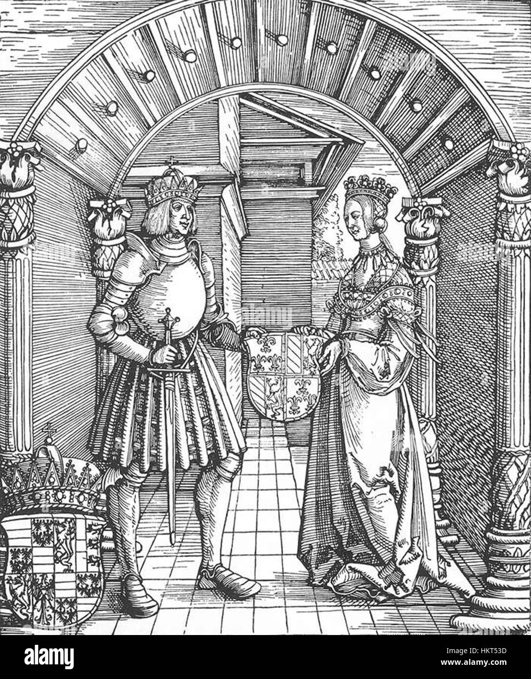 L'Arco Trionfale di Albrecht Dürer ritrae disegni intricati che simboleggiano il trionfo e la vittoria. Mette in mostra la cura artigianale dettagliata tipica del lavoro di Dürer. Foto Stock