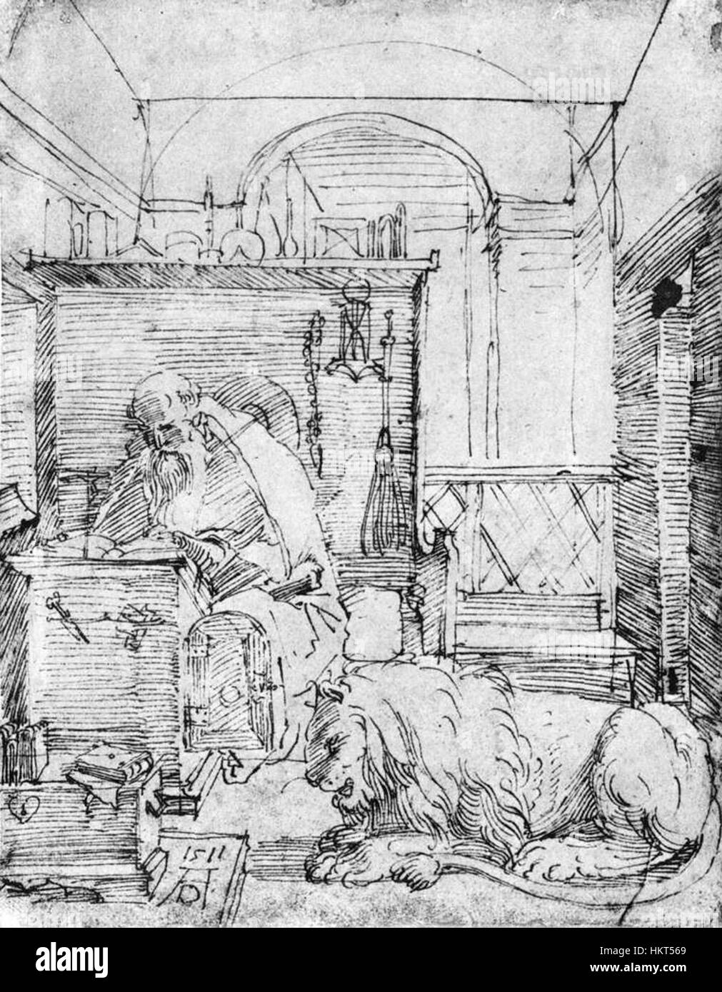 Un disegno a penna di Albrecht Dürer del 1511 intitolato "San Girolamo nello studio" (San Girolamo nel suo studio), che mostra la maestria dell'artista nel lavoro di linea fine e nei rendering dettagliati di soggetti religiosi. Foto Stock