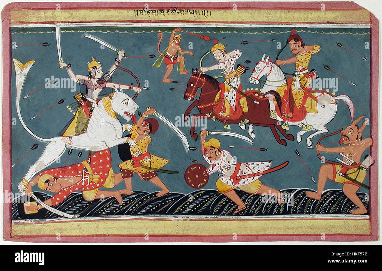 Questa opera illustra Durga, la dea indù, in un episodio drammatico del mito di Mahesha Mardini, dove combatte il demone bufalo Mahishasura, mostrando la sua forza divina. Foto Stock